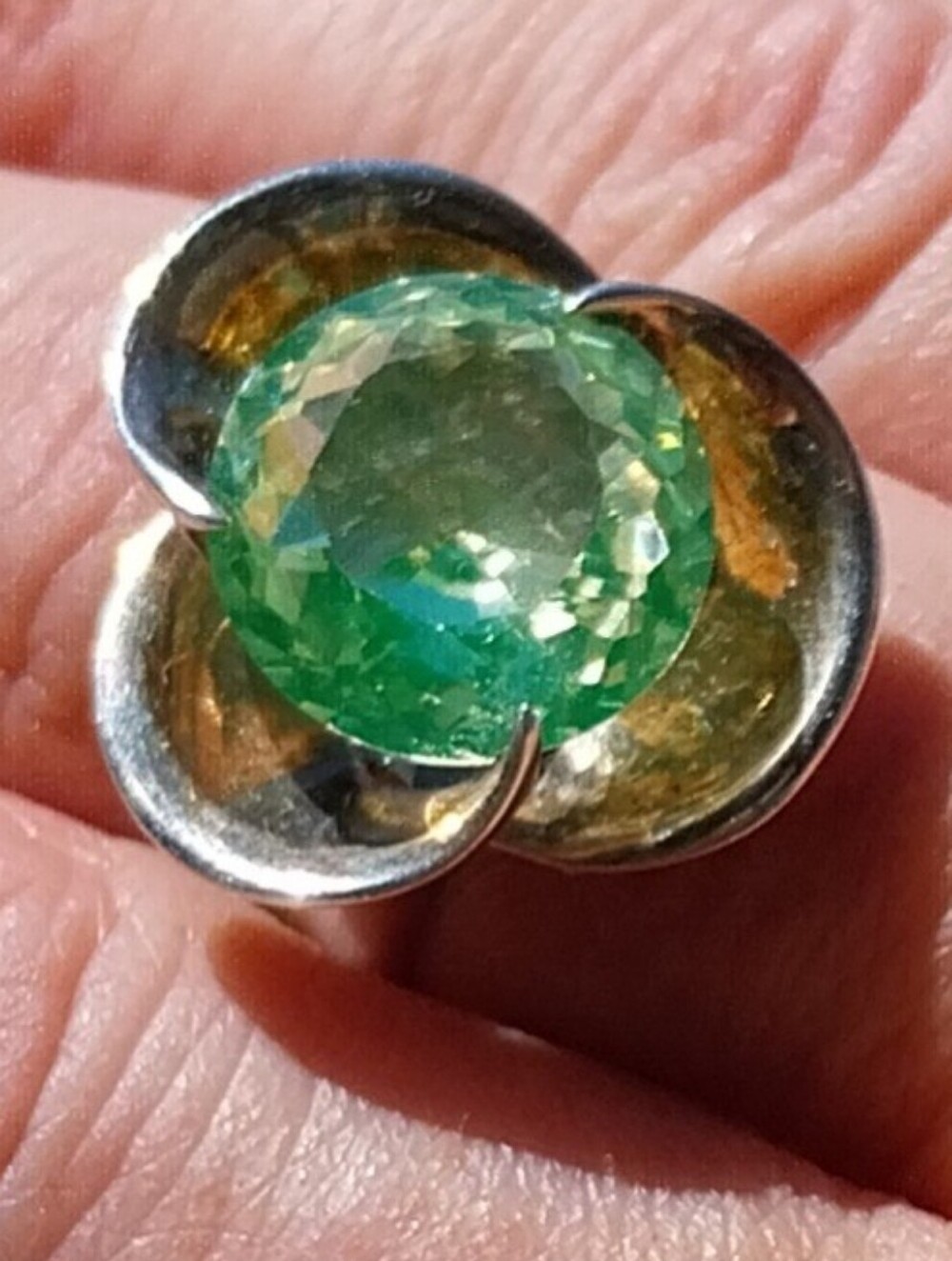 Vintage Sterling Silver Taxco Green Crystal Flower Ring - Picture 2 of 12